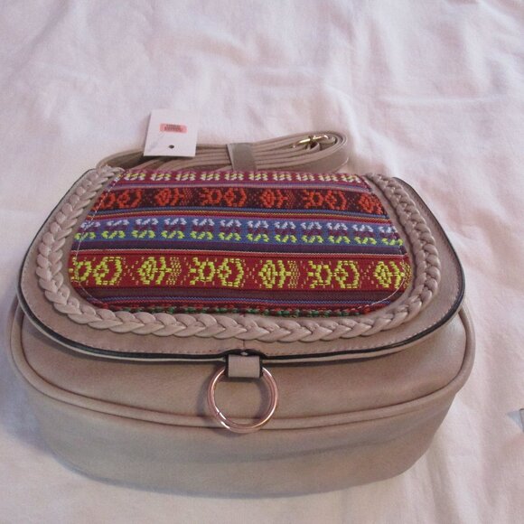 Boho Saddle Bag Womens Crossbody Purse Beige Embroidered Tribal Pattern Flap - Picture 7 of 7